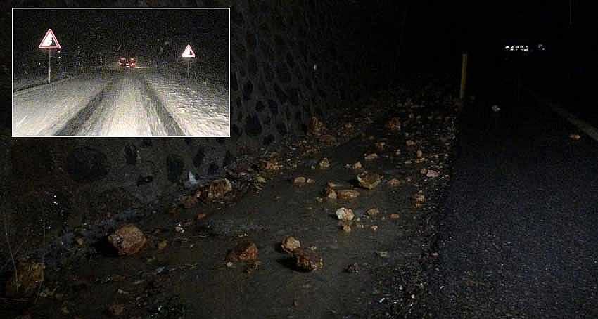 KAR YAĞIŞI ETKİLİ OLDU, KARAYOLUNA KAYA PARÇALARI DÜŞTÜ